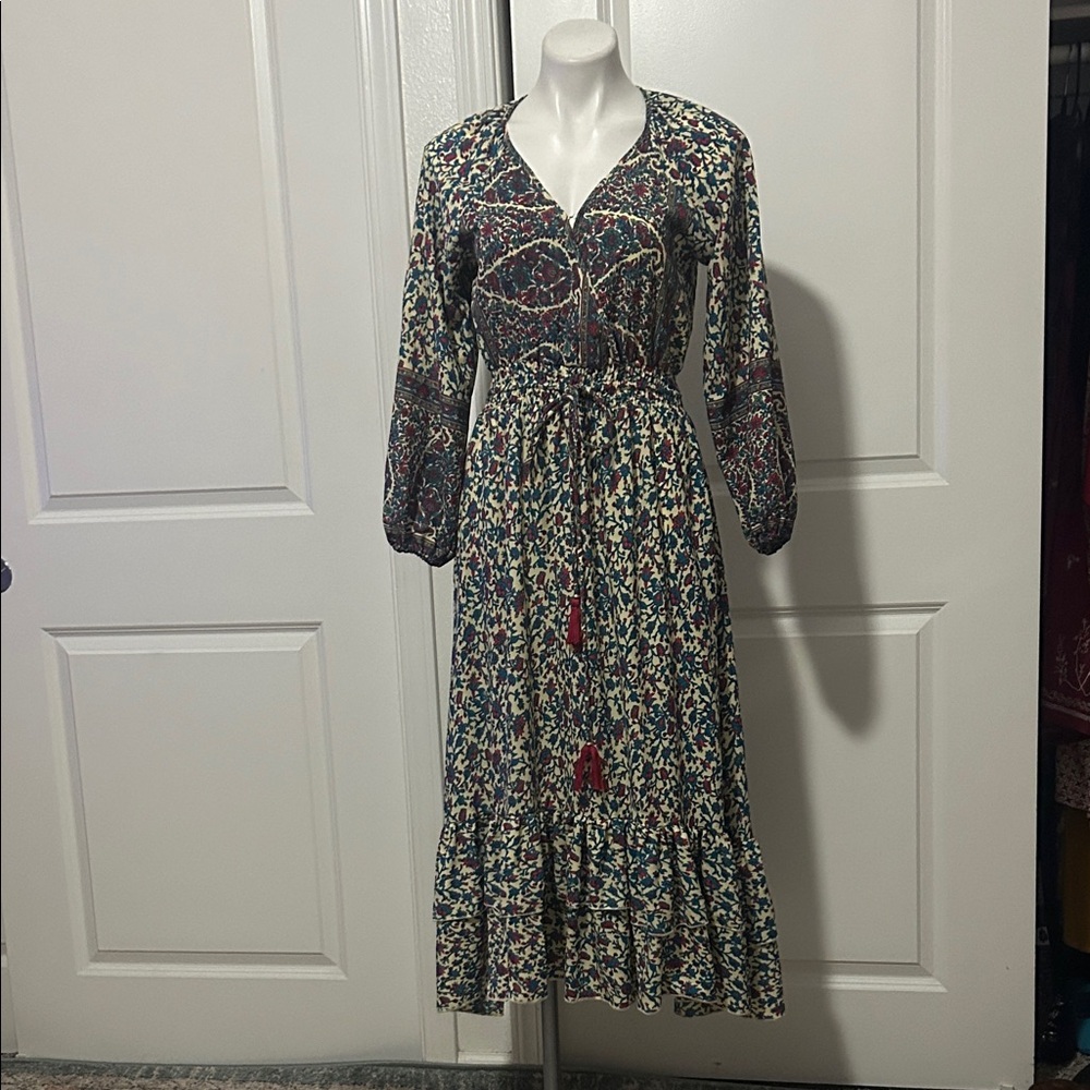 Anthropologie Boemo  Floral Long Sleeve Dress - Red and Blue
